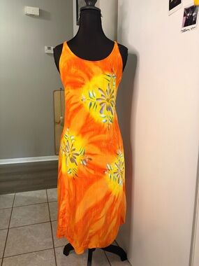 Vintage handmade orange tropical tye dye dress w braided straps & floral detail